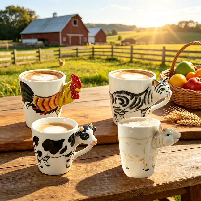 Creative Hand-painted Drinkware Ceramic Mugs with Farm and Wild Animal Handle