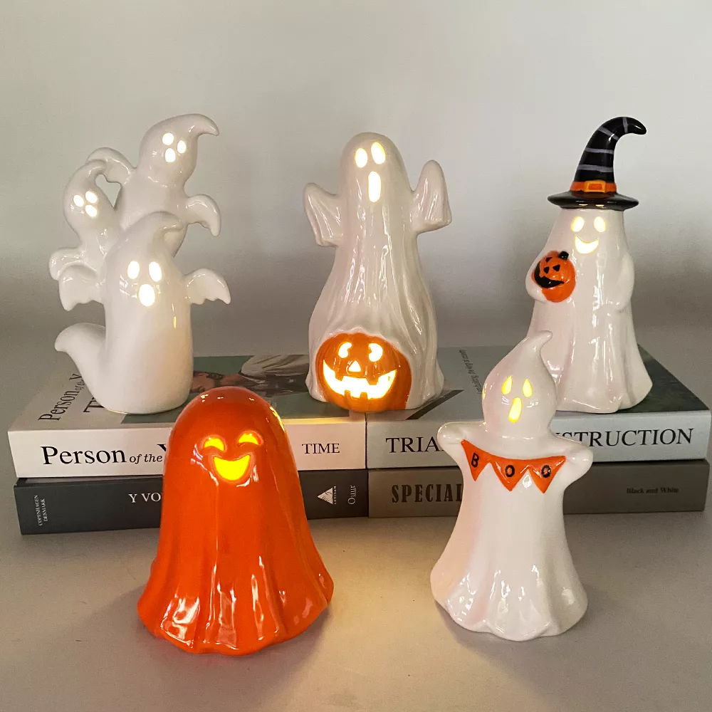 Creative Led Halloween Ghost from Hand-painted and Glazing Ceramic for Seasonal Decoration