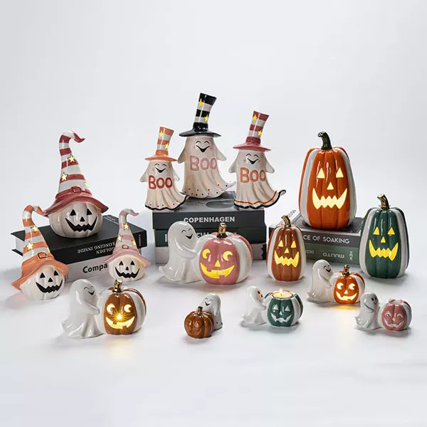 Ceramic Crafts for Halloween Ornament with Pumpkin Lanterns, Ghosts, Black Cats, Bats, Spider Webs, Skull and Witch Houses as Core Elements