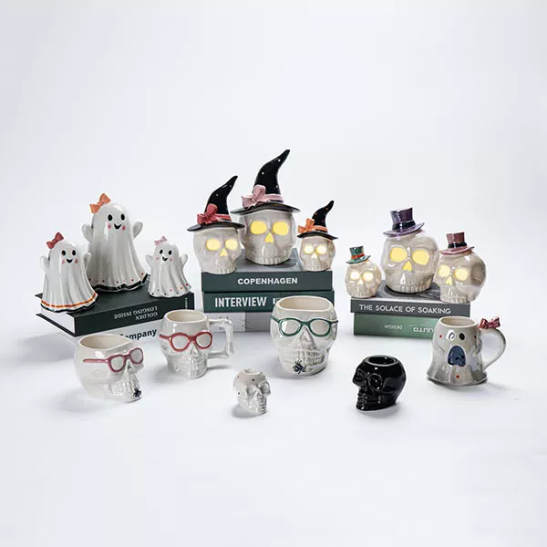 Cute Ghost and Personalized Skeleton Ornaments with Themed Mugs and Candlesticks from the Halloween Series