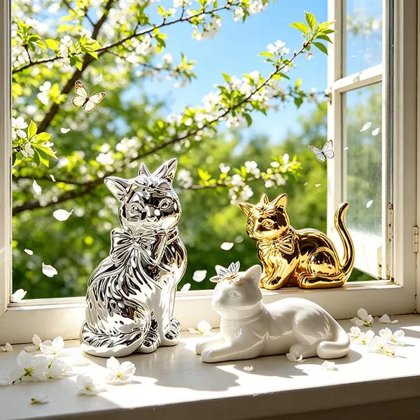 Metal Color Plating Ceramic Cat Kissing Butterfly Statue Animal Figurines Great for Interior Decorating