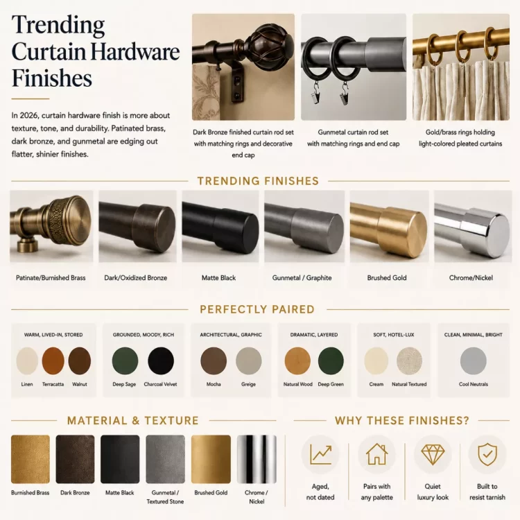 mood board of 2026's trending  curtain hardware finishes. 