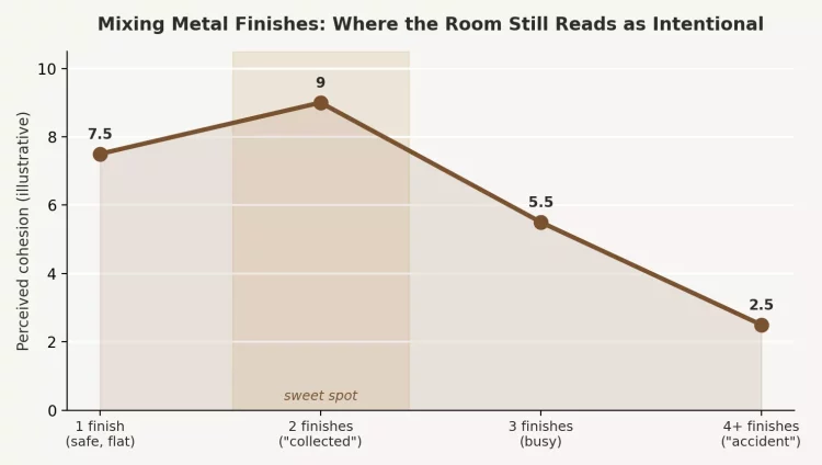 Fig. 4 — Illustrative relationship between the number of metal finishes in a room and how cohesive it reads.